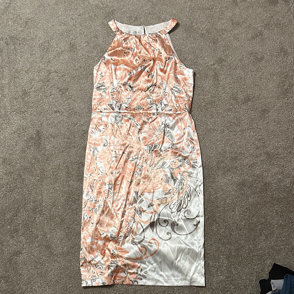 London Times Peach, cream & brown satin Floral Midi Dress